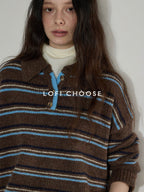 Lofi choose Cozy Colorblock Collared Oversized Striped Button Knit Pullover Women Sweaters