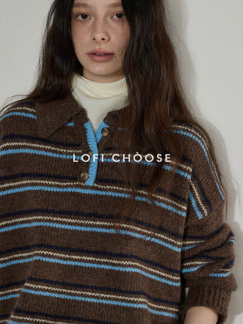 Lofi choose Cozy Colorblock Collared Oversized Striped Button Knit Pullover Women Sweaters