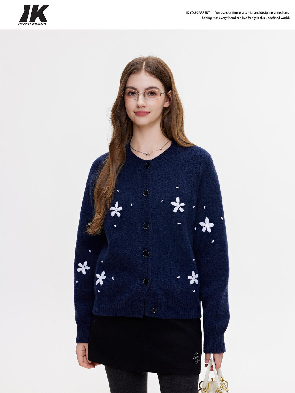 ikyou Cozy Thermal Knit Loose Fit Button Front Sweet Style Navy Women Cardigans
