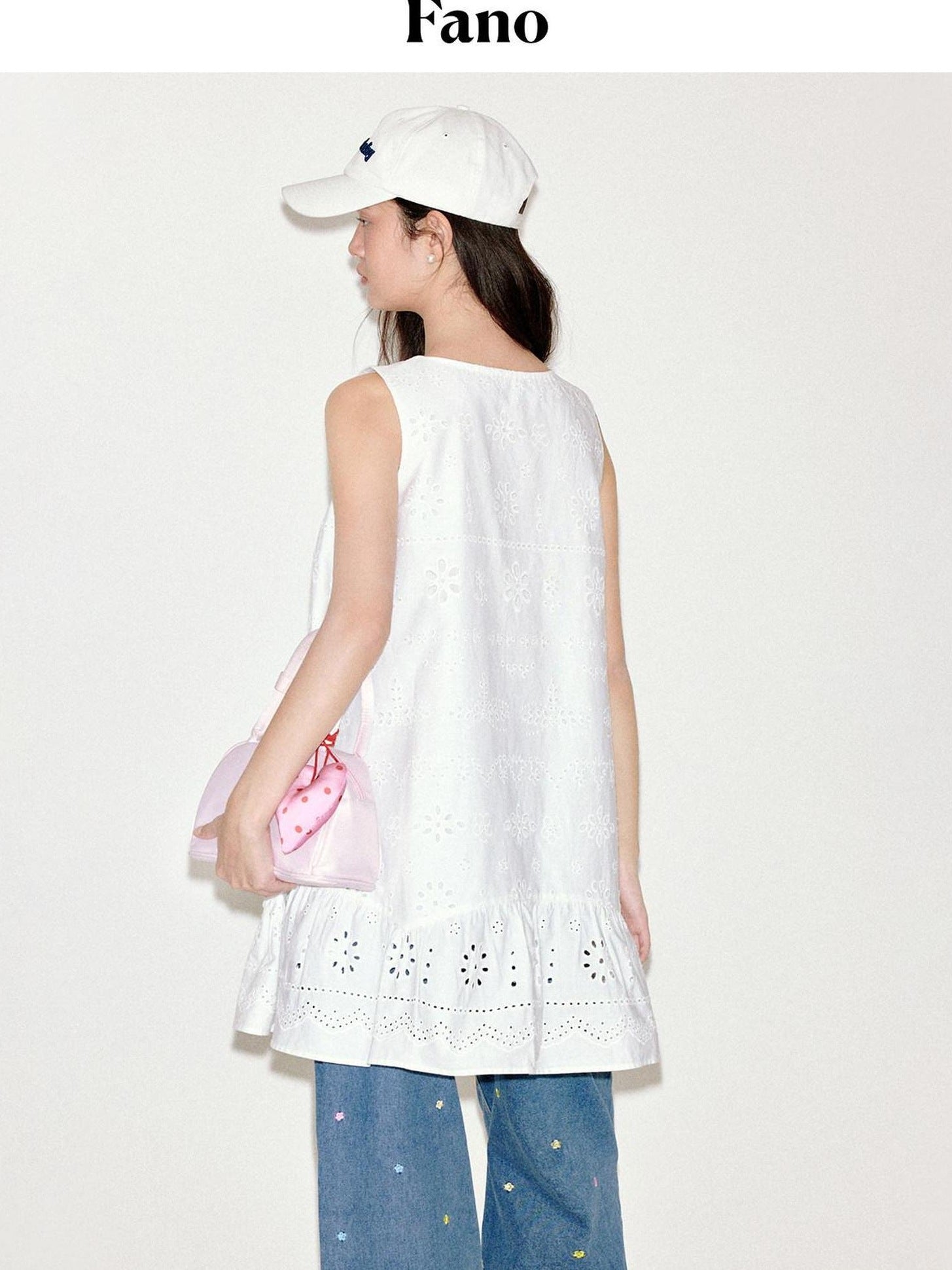 fano 100 Percent Cotton Embroidery A Line Loose Waist Sleeveless Office Midi Dresses