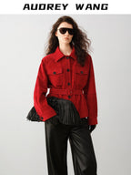 audreyyang Premium Lambskin Loose Fit Lapel Button Women Chinese Red Cropped Jackets