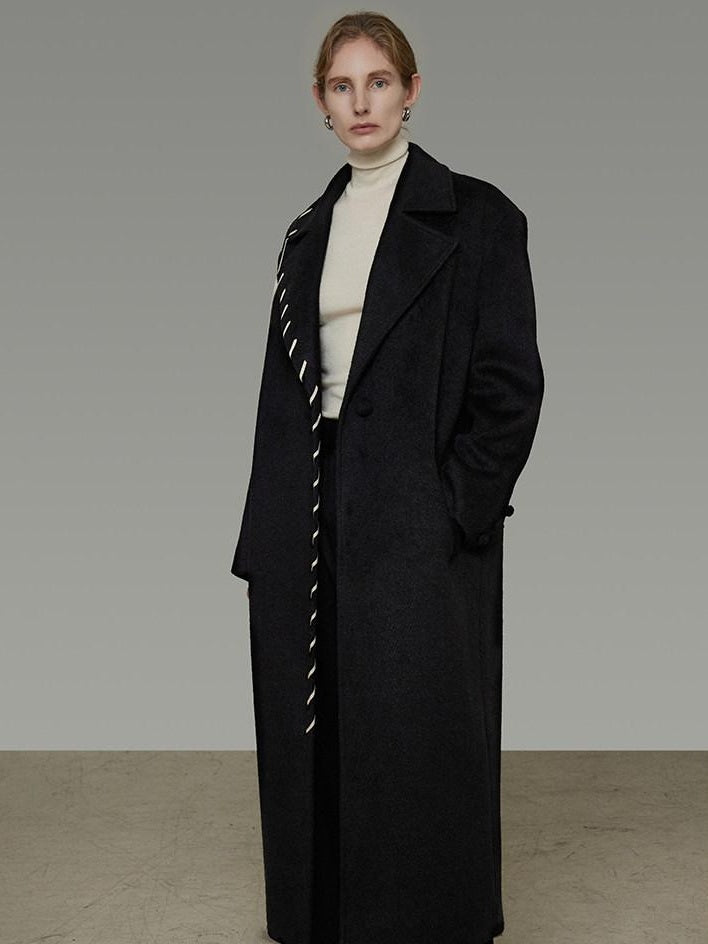 unspoken Sheep Wool Blend 3D Cut Straight Office Black Lapel Long Sleeve Long Coats