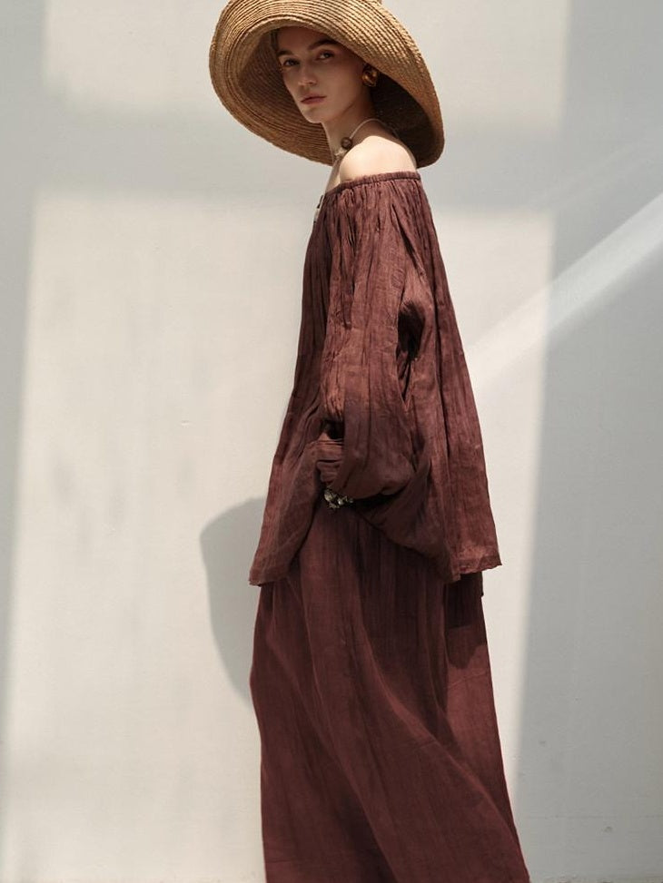audreyyang Linen Long Sleeve Vintage Loose Round Neck Dusty Rose Women Top & Skirt Sets