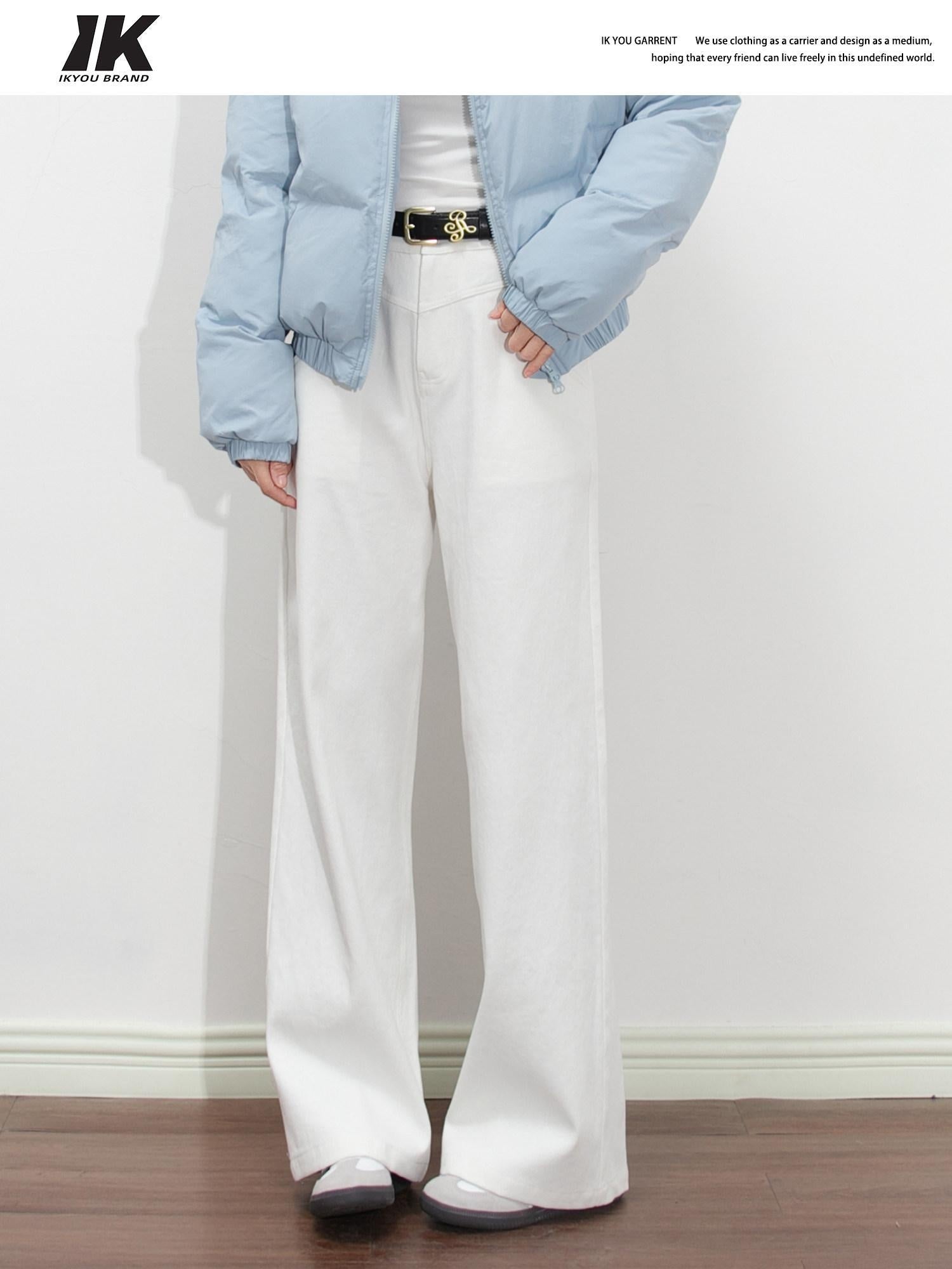 ikyou High Waist Loose Straight Colorfast White Denim Cotton Wide Leg Jeans