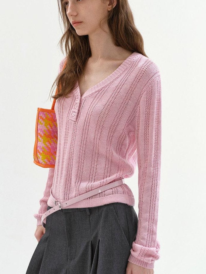 fano Soft Bubblegum Pink Slim Korean V-neck Long Sleeve Women Acrylic Sweaters