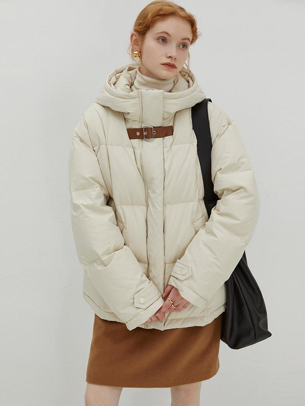 fano 90% White Duck Down Minimal Commuter Straight Hooded Milky Beige Down Jackets