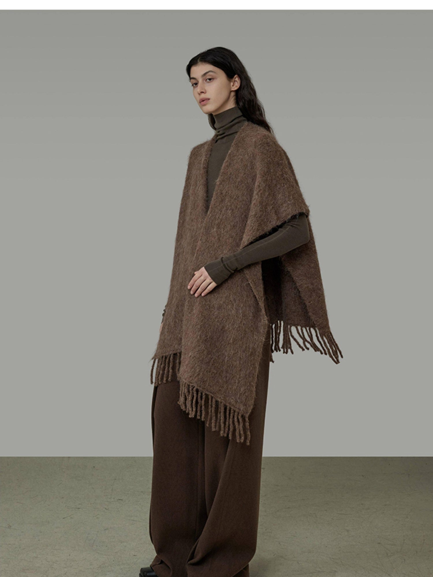 unspoken Cozy Warm Acrylic Fringe Shawl Rectangular Solid Brown Women Fashion Scarves