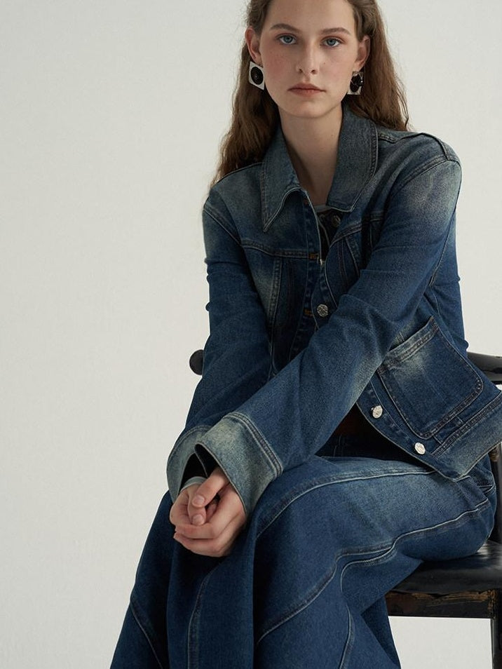 someone sometimes High Cotton Denim Blue Long Sleeve Collared Buttoned Women Top & Skirt Sets