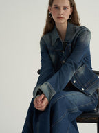 someone sometimes High Cotton Denim Blue Long Sleeve Collared Buttoned Women Top & Skirt Sets