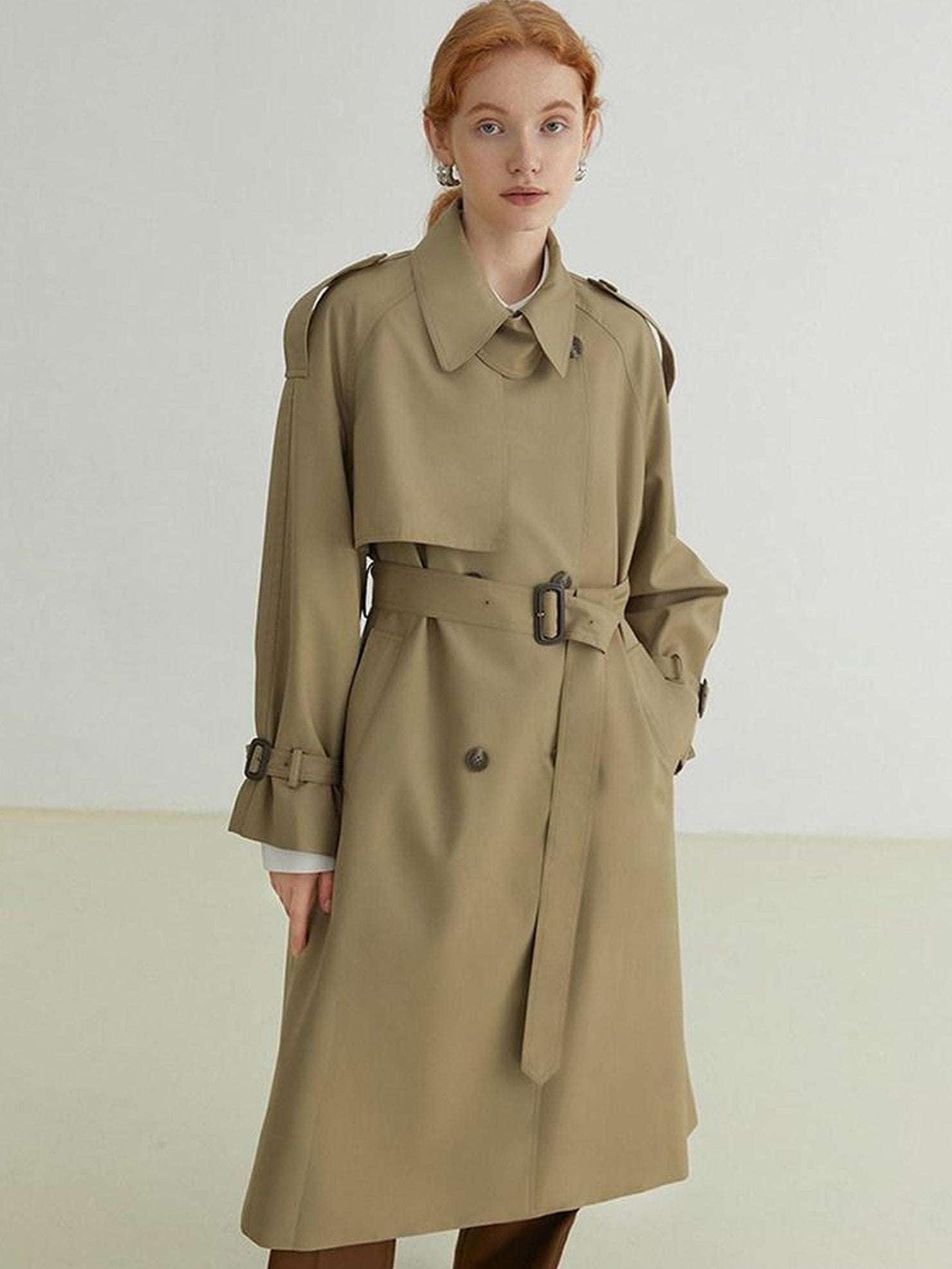 fano Pocketed Relaxed Raglan Midlength Double Breasted Khaki Womens Trench Coats