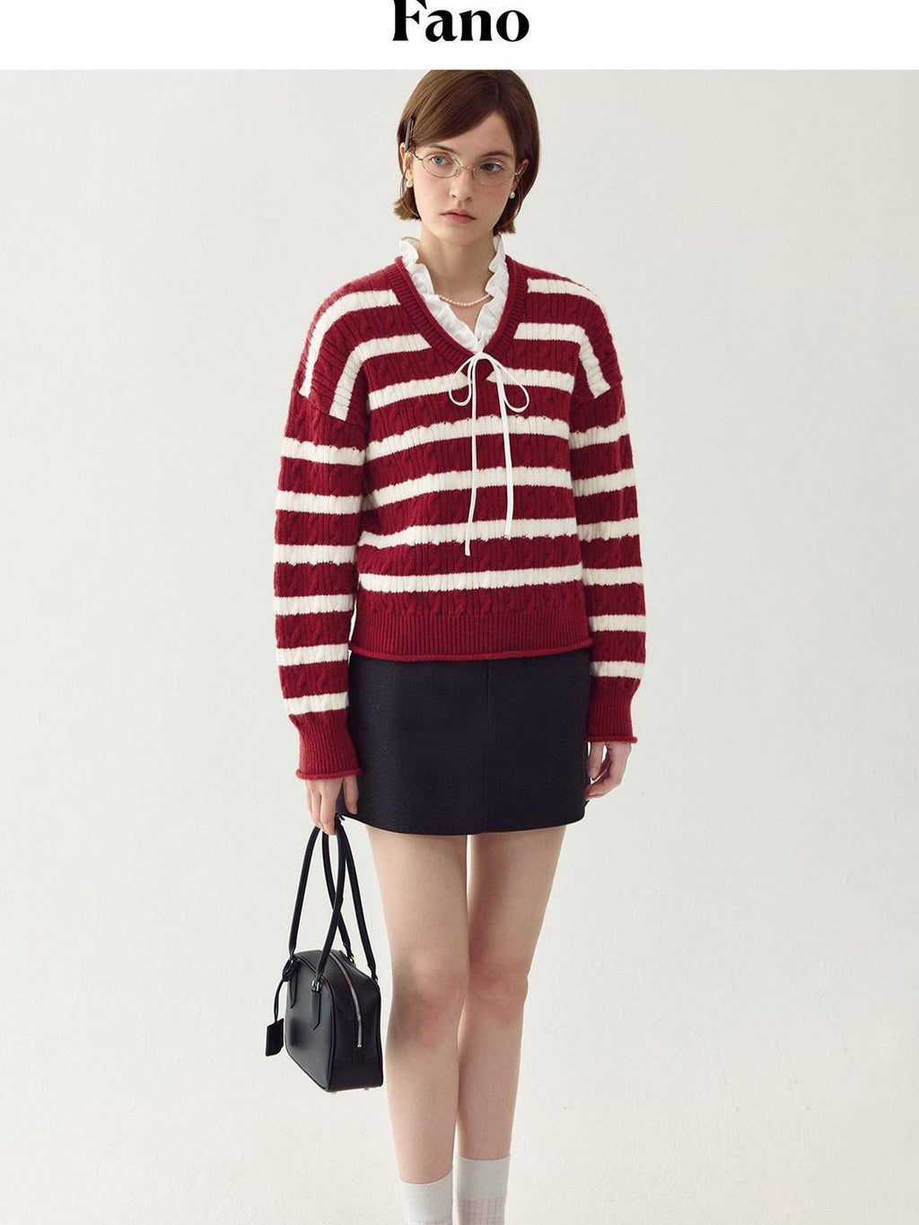 fano Ruffle Detail Loose Fit Commuter V-neck Long Sleeve Striped Women Sweaters