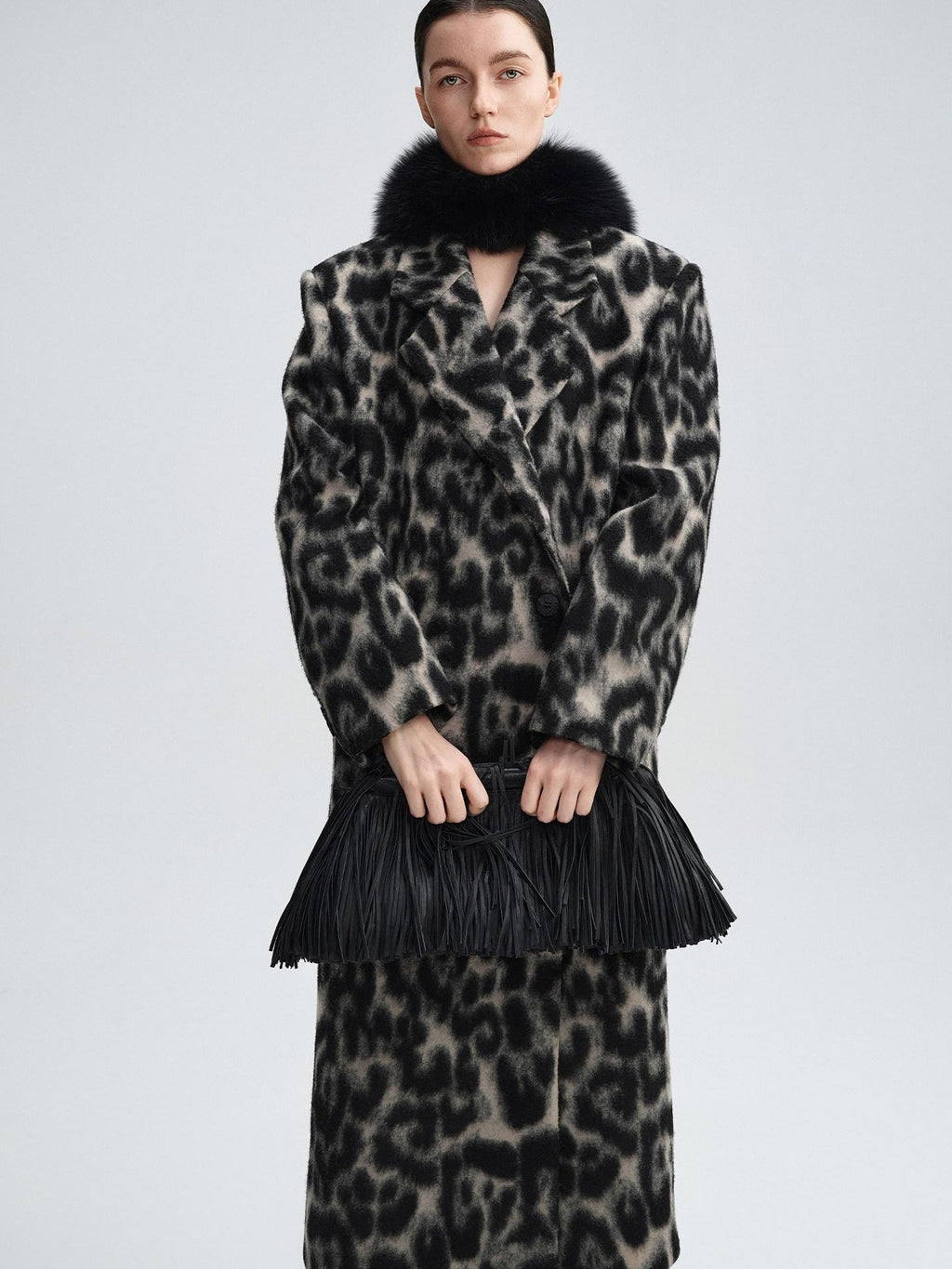 audreyyang Thick Wool Blend Retro Loose Leopard Double Breasted Lapel Long Coats