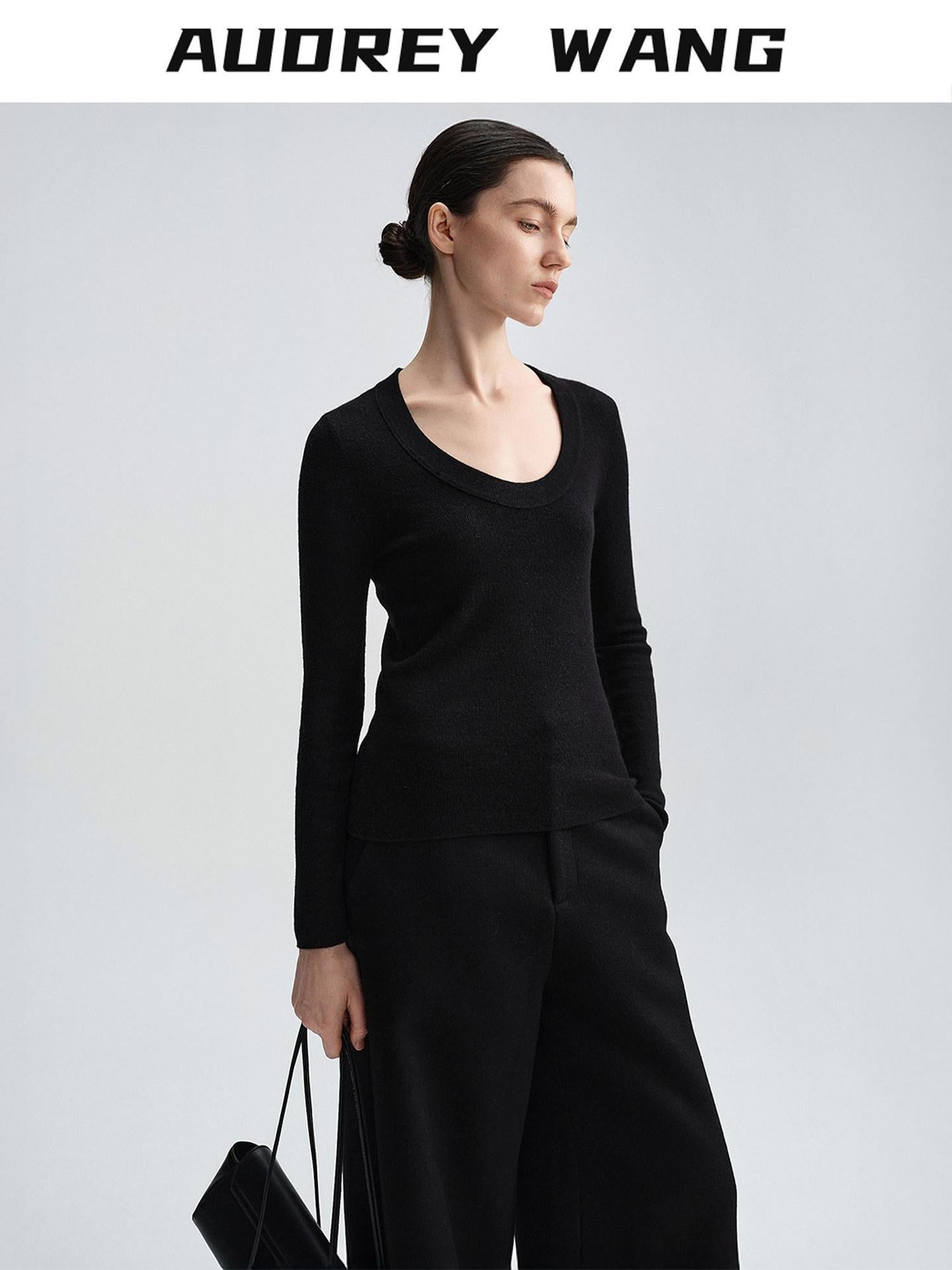 audreyyang Cozy 100% Wool Slim Fit Round Neck Pullover Women Knitwear Tops Sweaters
