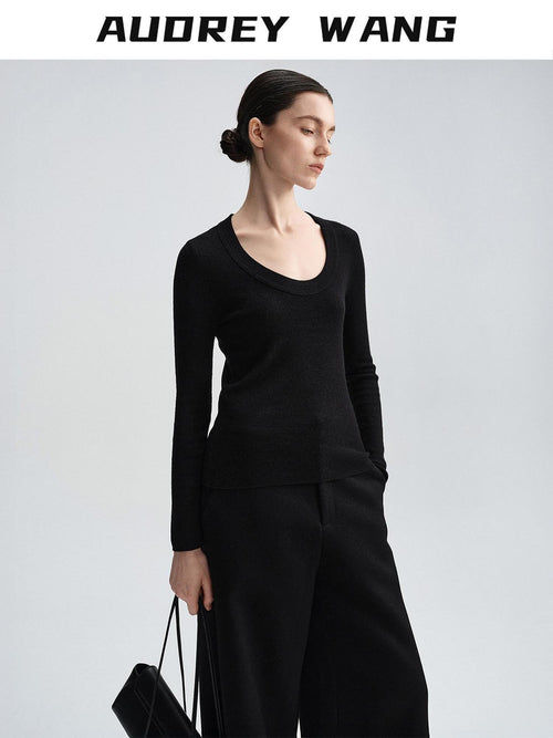 audreyyang Cozy 100% Wool Slim Fit Round Neck Pullover Women Knitwear Tops Sweaters