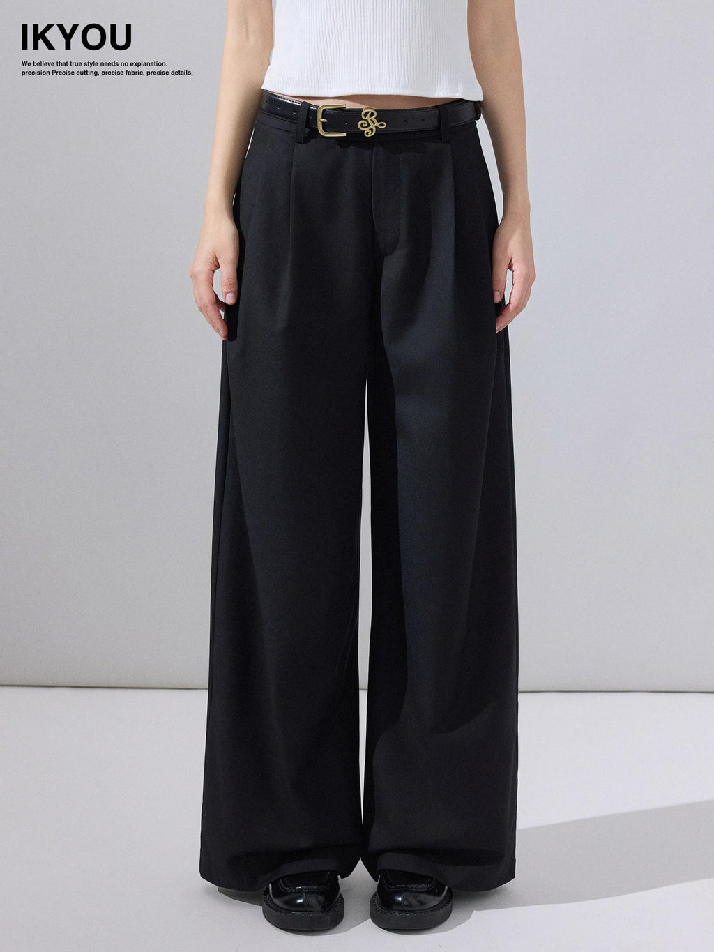 ikyou High Waist Straight Zipper Cotton Blend Commuter Black Wide Leg Pants