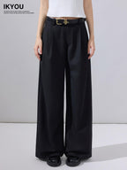 ikyou High Waist Straight Zipper Cotton Blend Commuter Black Wide Leg Pants