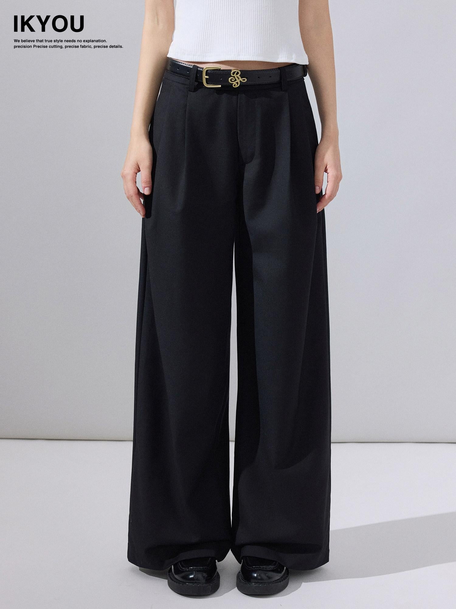 ikyou High Waist Straight Zipper Cotton Blend Commuter Black Wide Leg Pants