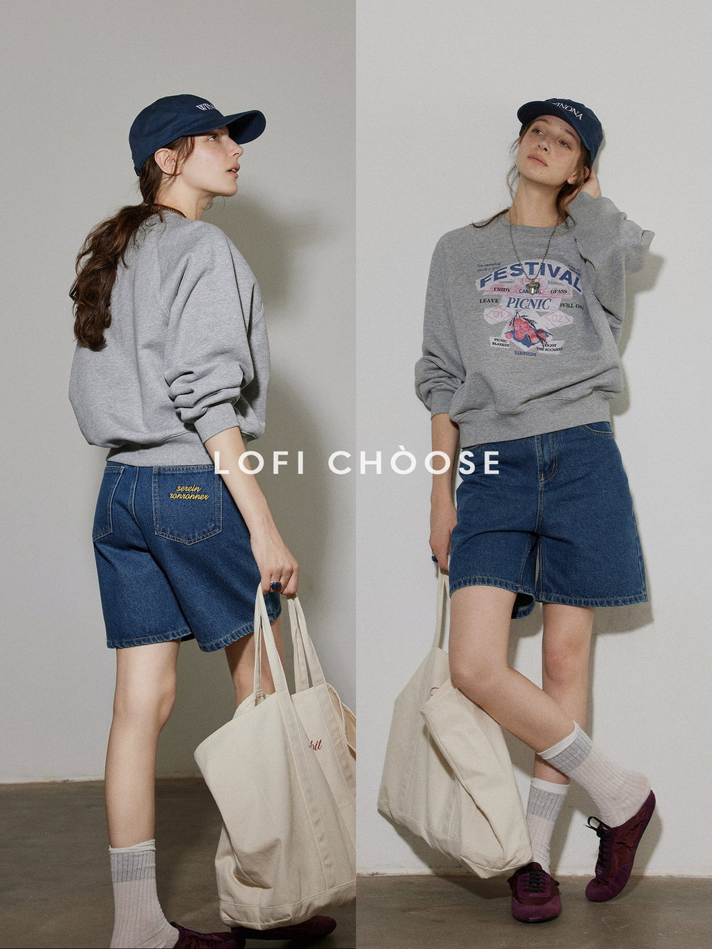 Lofi choose 100% Cotton Loose Fit Crewneck Pullover Commuter Women Blue Gray Sweatshirt