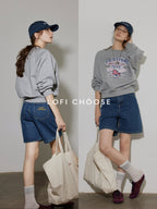 Lofi choose 100% Cotton Loose Fit Crewneck Pullover Commuter Women Blue Gray Sweatshirt
