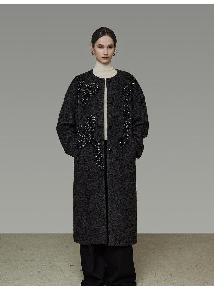 unspoken Warm 3D Embellished Loose Minimalist Commuter Long Women Deep Gray Wool Coats