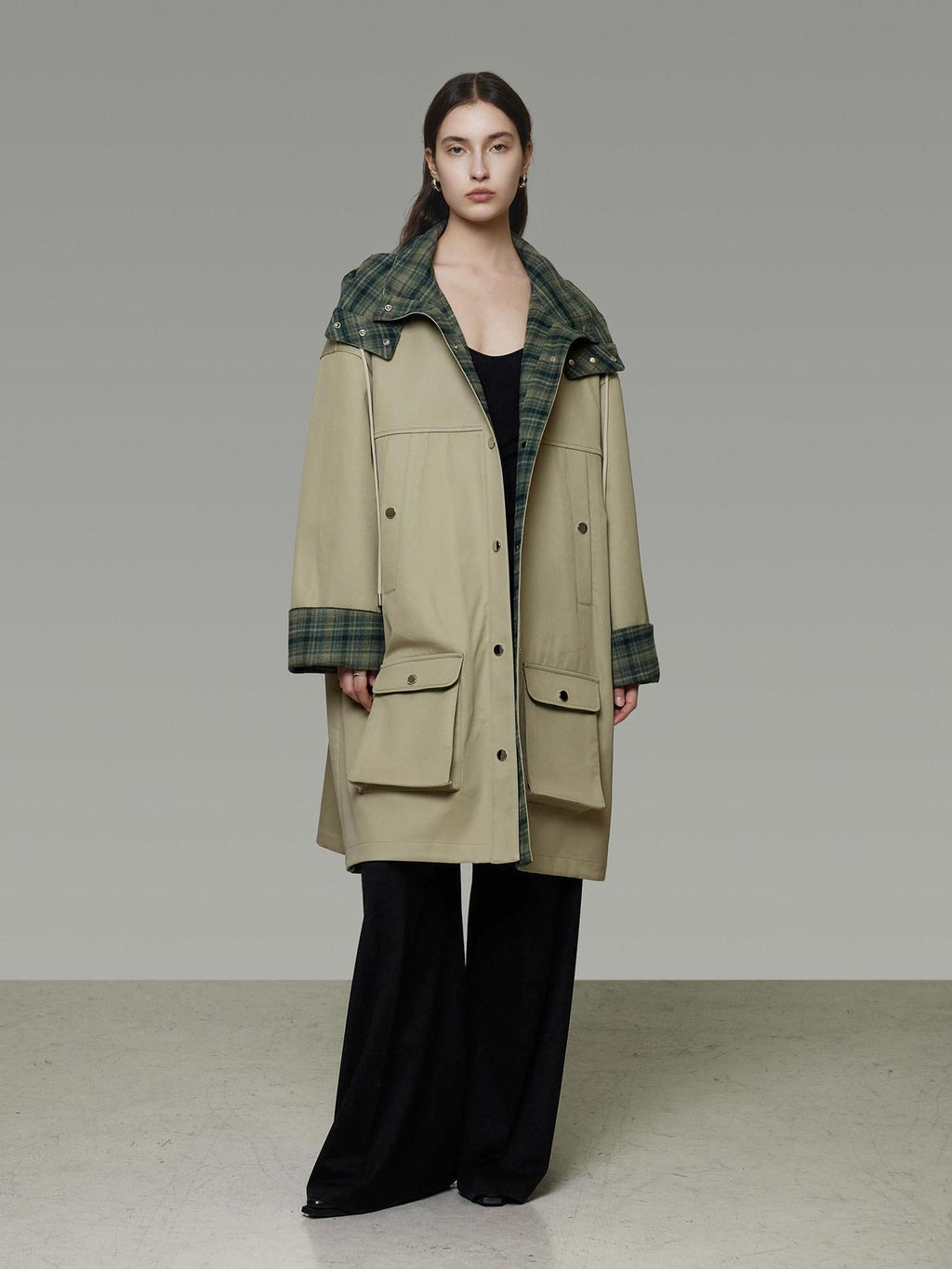unspoken Breathable Pure Cotton Minimalist Loose Midlength Women Plaid Khaki Trench Coats