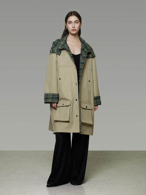unspoken Breathable Pure Cotton Minimalist Loose Midlength Women Plaid Khaki Trench Coats