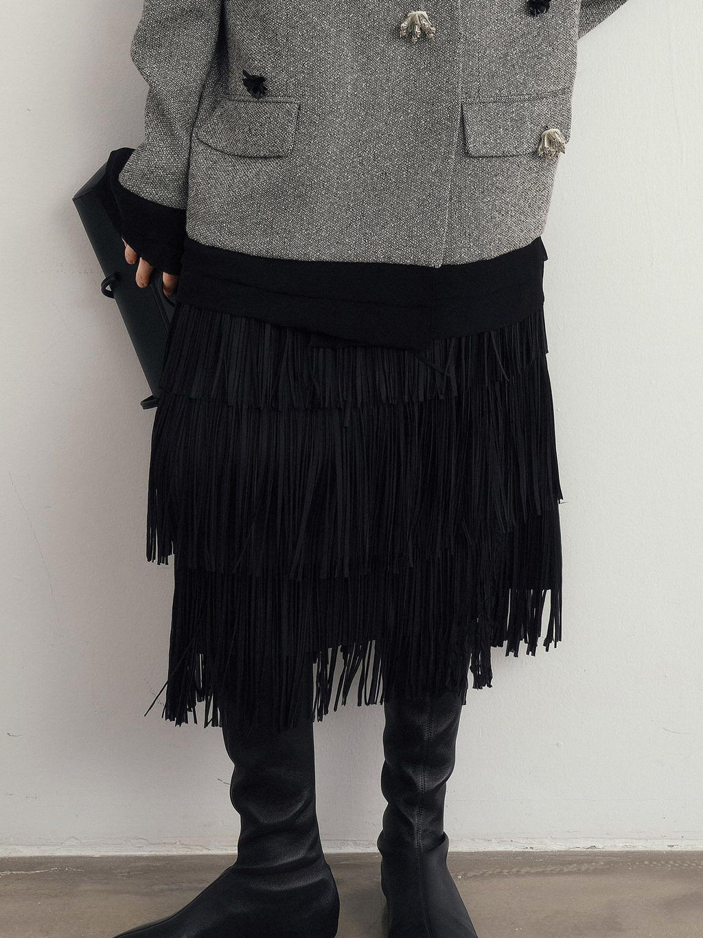 audreyyang Hand Pleated Tiered Fringe Mid Waist Casual Women Polyester Midi Skirts