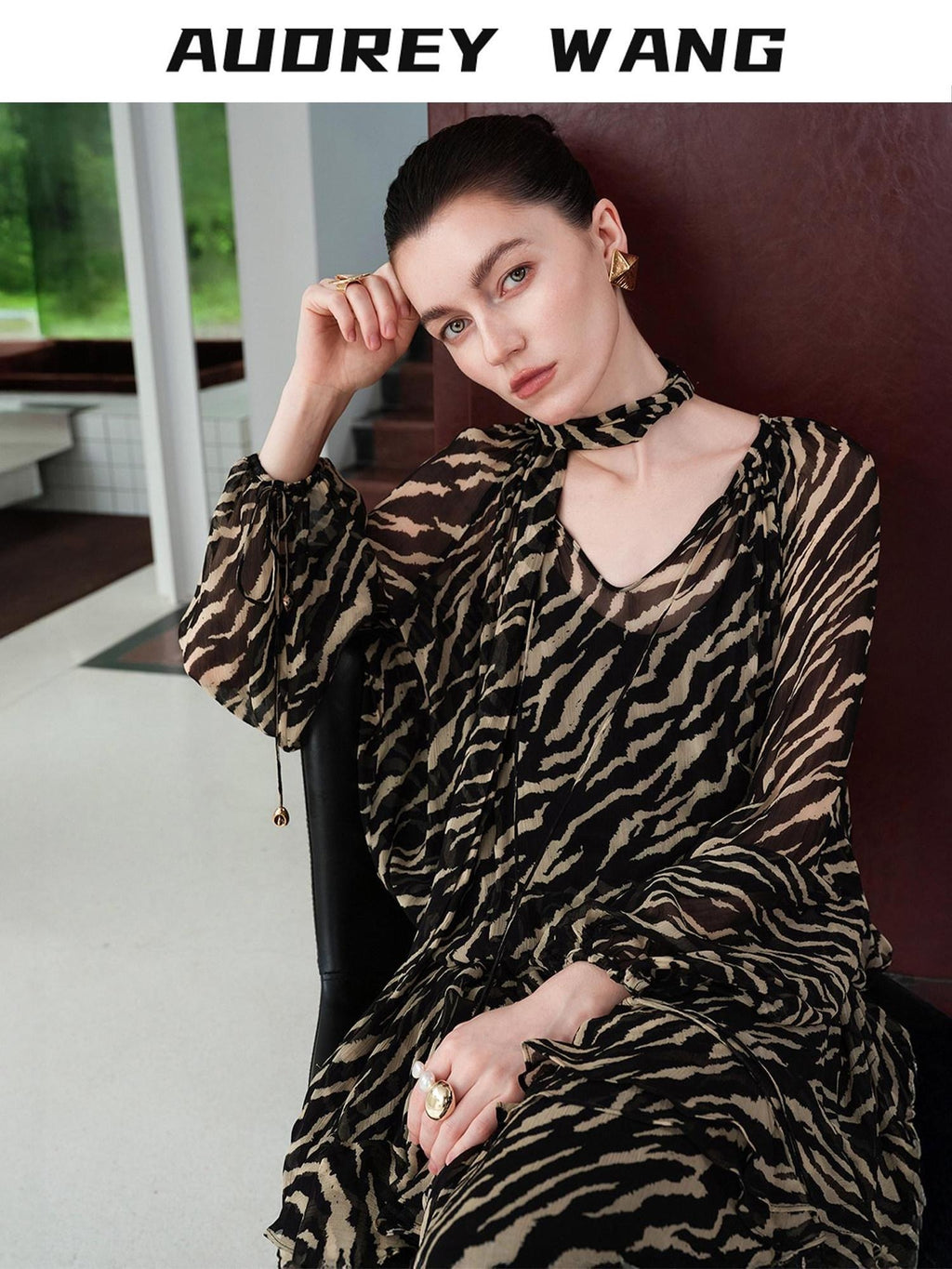 audreyyang Soft Viscose Ruffle Casual A Line Zebra V-neck Long Sleeve Maxi Dresses