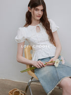 Lofi choose Puff Sleeve Tie Neck Loose Fit Office Workwear Short Sleeve White Pink Blouses