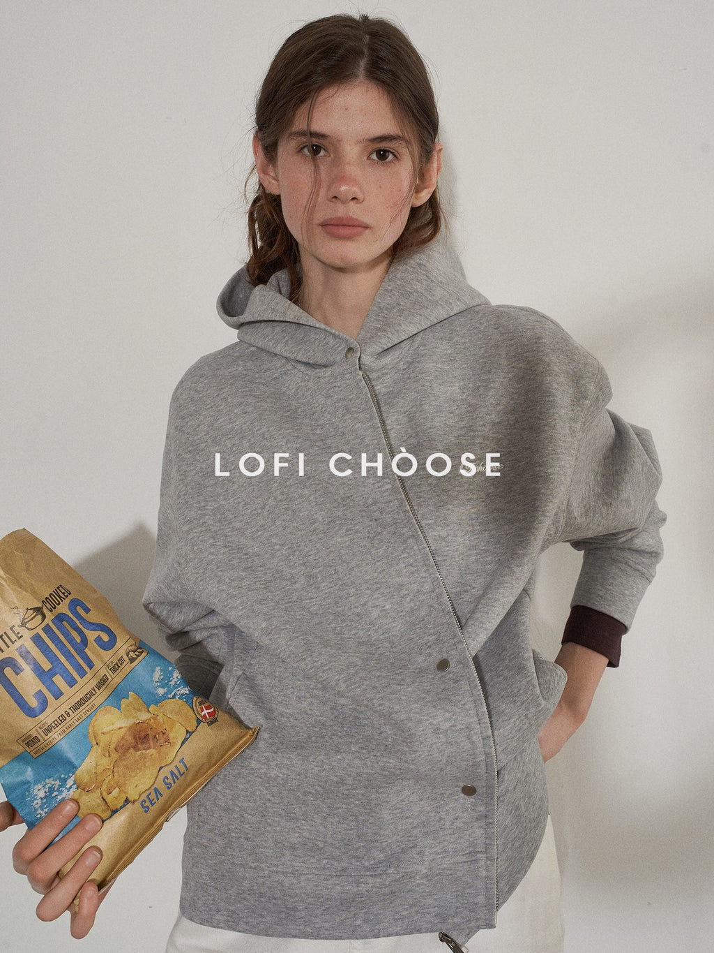 Lofi choose Soft Cotton Blend Loose Fit Button Front Commuter Grey Oversized Hoodie