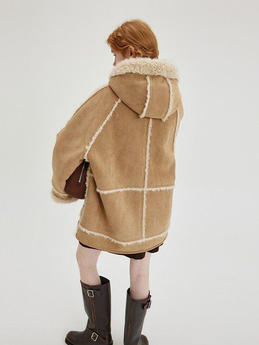fano Warm Wool Blend Hooded Loose Patchwork Womens Commuter Long Coats