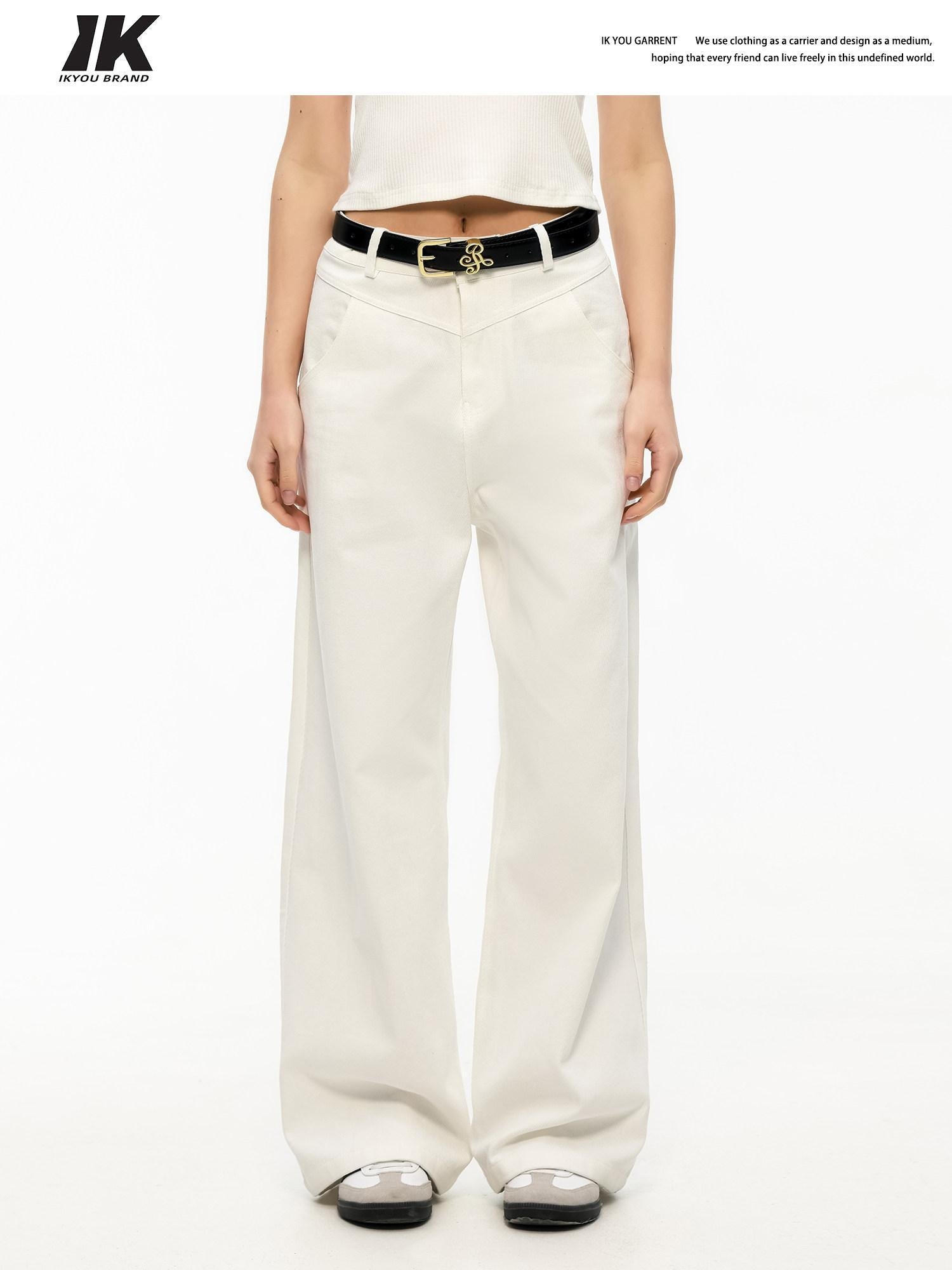 ikyou Durable Brushed Denim Natural Waist Loose Women Casual White Wide Leg Jeans