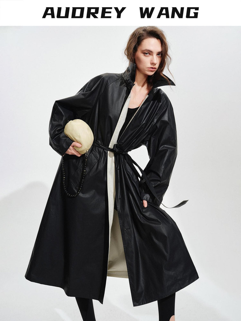 audreyyang Detachable Belt Pure Cotton Loose Long Single Breasted Women Black Trench Coats
