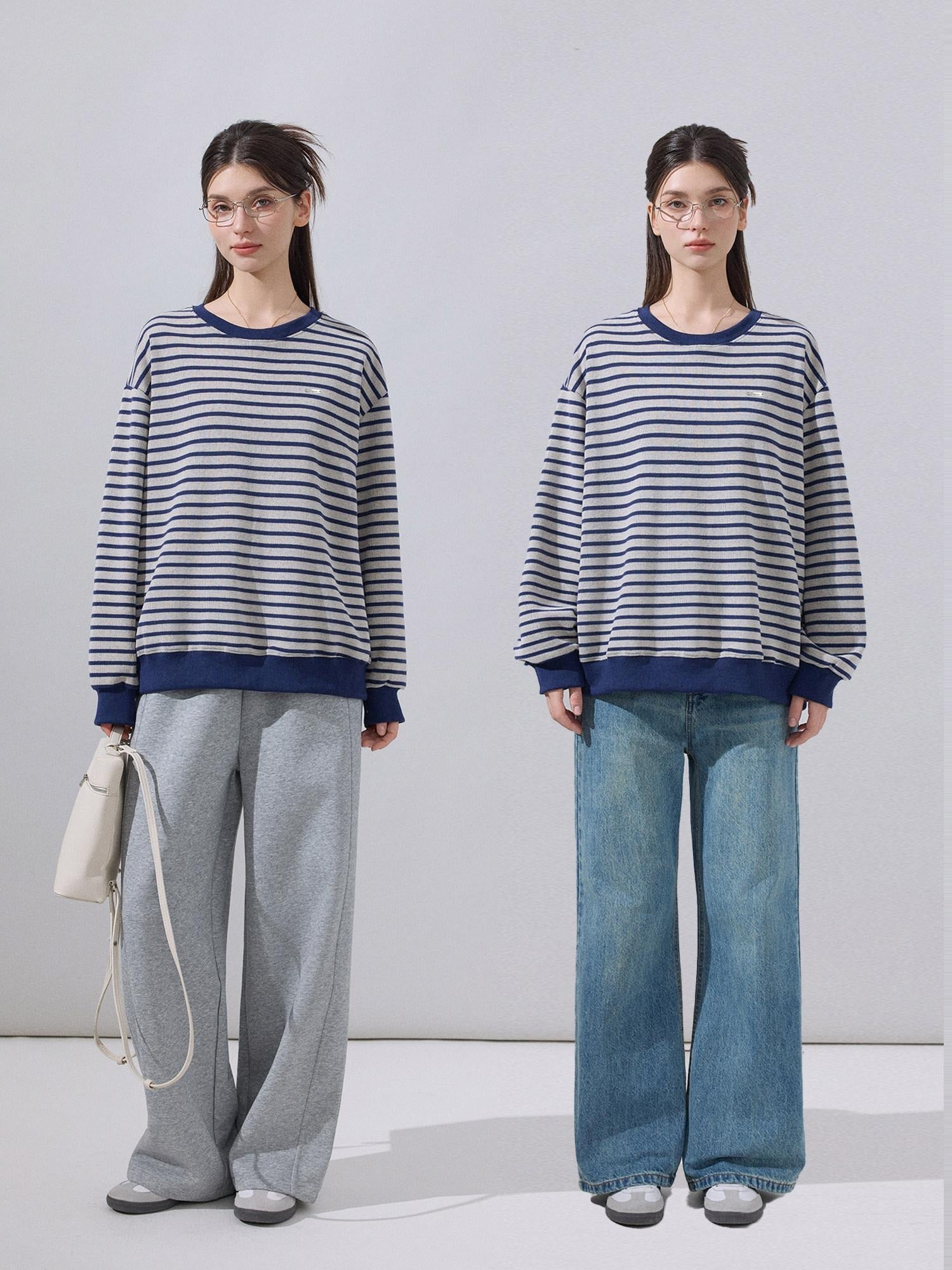 ikyou Soft Cotton Blend Loose Fit Striped Pullover Women Blue Gray Sweaters