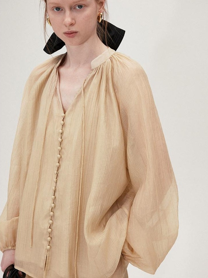 fano Soft Tencel V-neck Long Sleeve Pullover Casual Two Piece Women Blouses