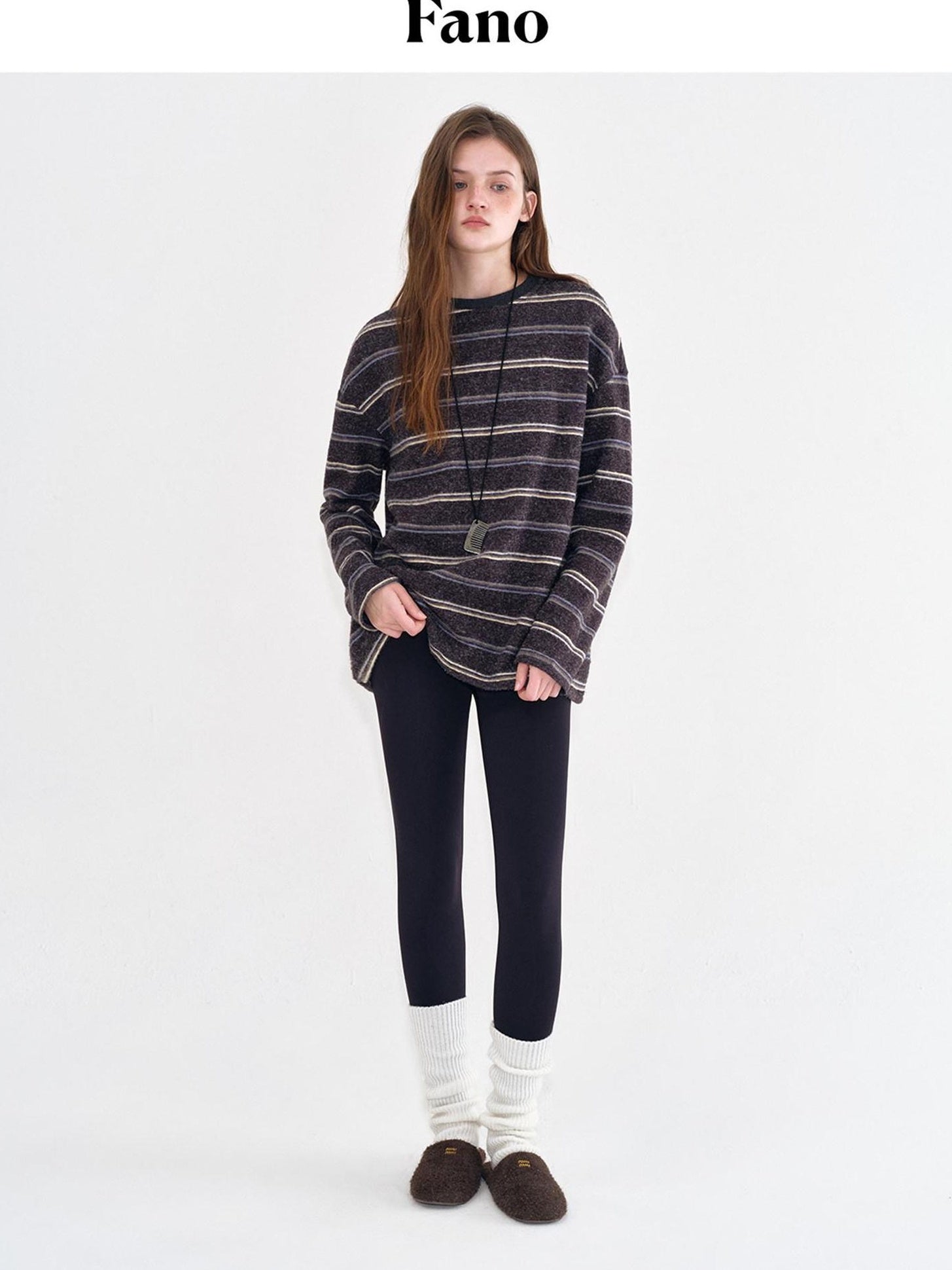fano Acrylic Knit Striped Crew Neck Oversized Casual Women Long Sleeve T-Shirts