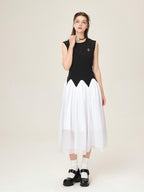 ikyou Office Minimal 3D Detail A Line Sleeveless Round Neck Black White Maxi Dresses