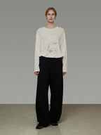 unspoken Lightweight Printed Minimalist Loose Round Neck Women Cream Pullover Sweaters