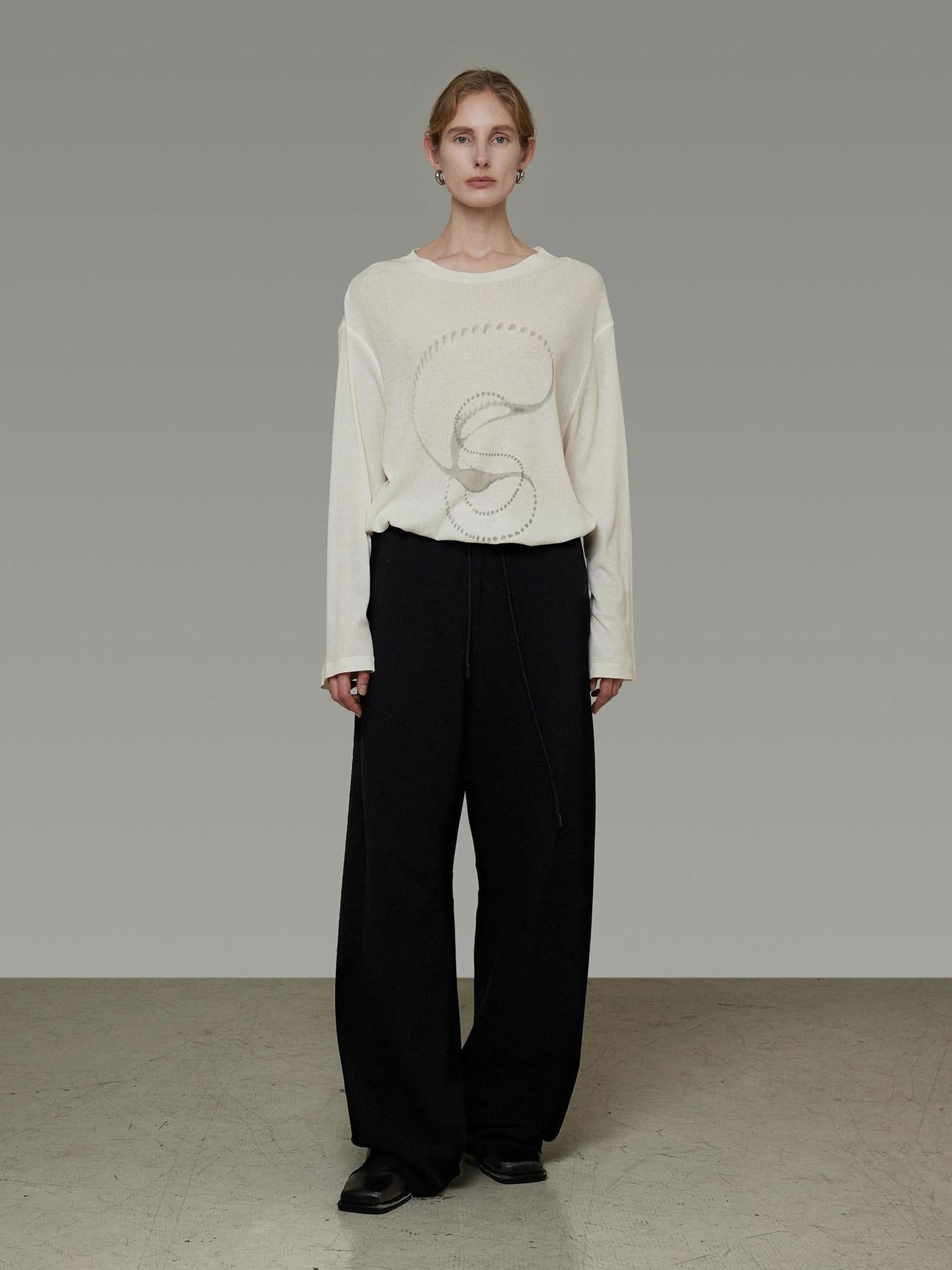 unspoken Lightweight Printed Minimalist Loose Round Neck Women Cream Pullover Sweaters