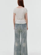 fano Comfortable Relaxed Natural Waist Zipper Fly Light Blue Straight Leg Jeans