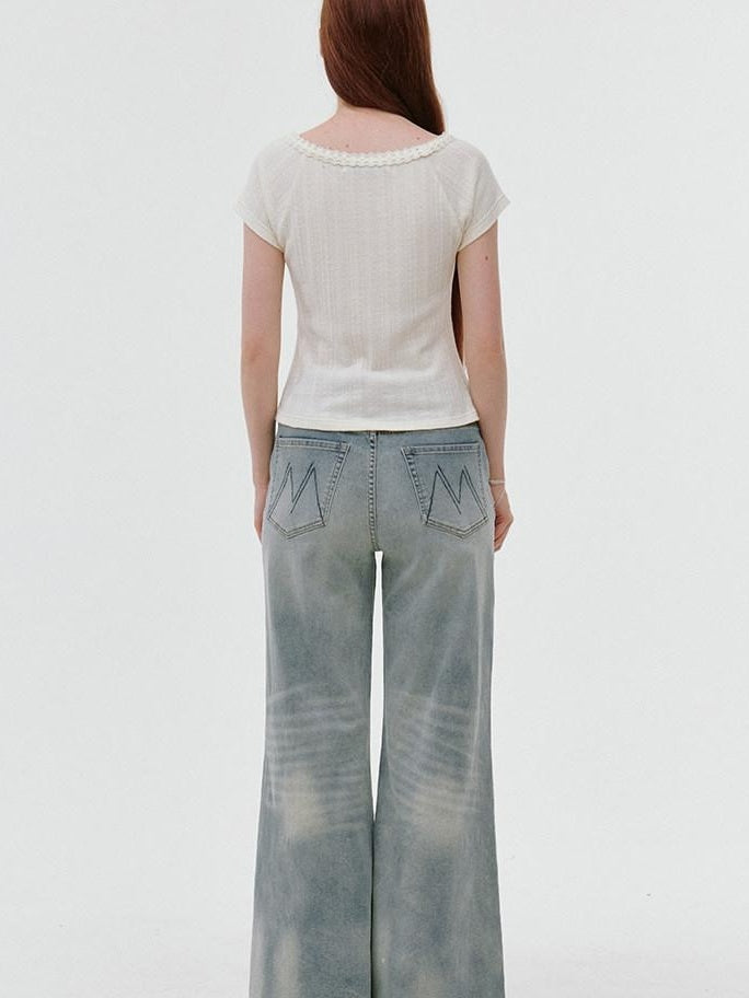 fano Comfortable Relaxed Natural Waist Zipper Fly Light Blue Straight Leg Jeans