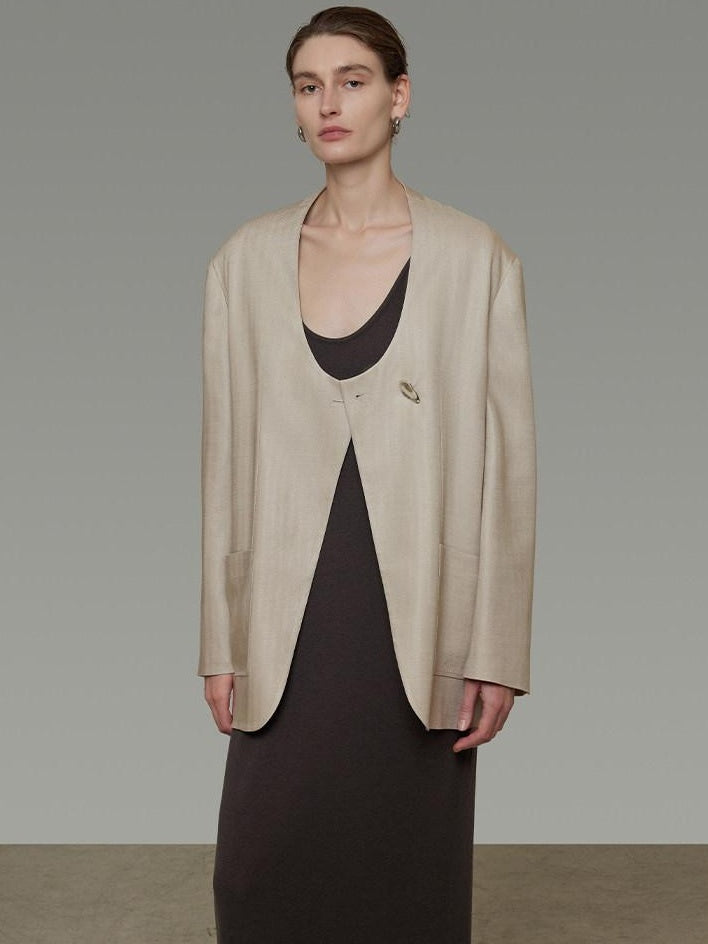 unspoken Breathable Tencel Loose Collarless No Button Minimalist Beige Women Blazers