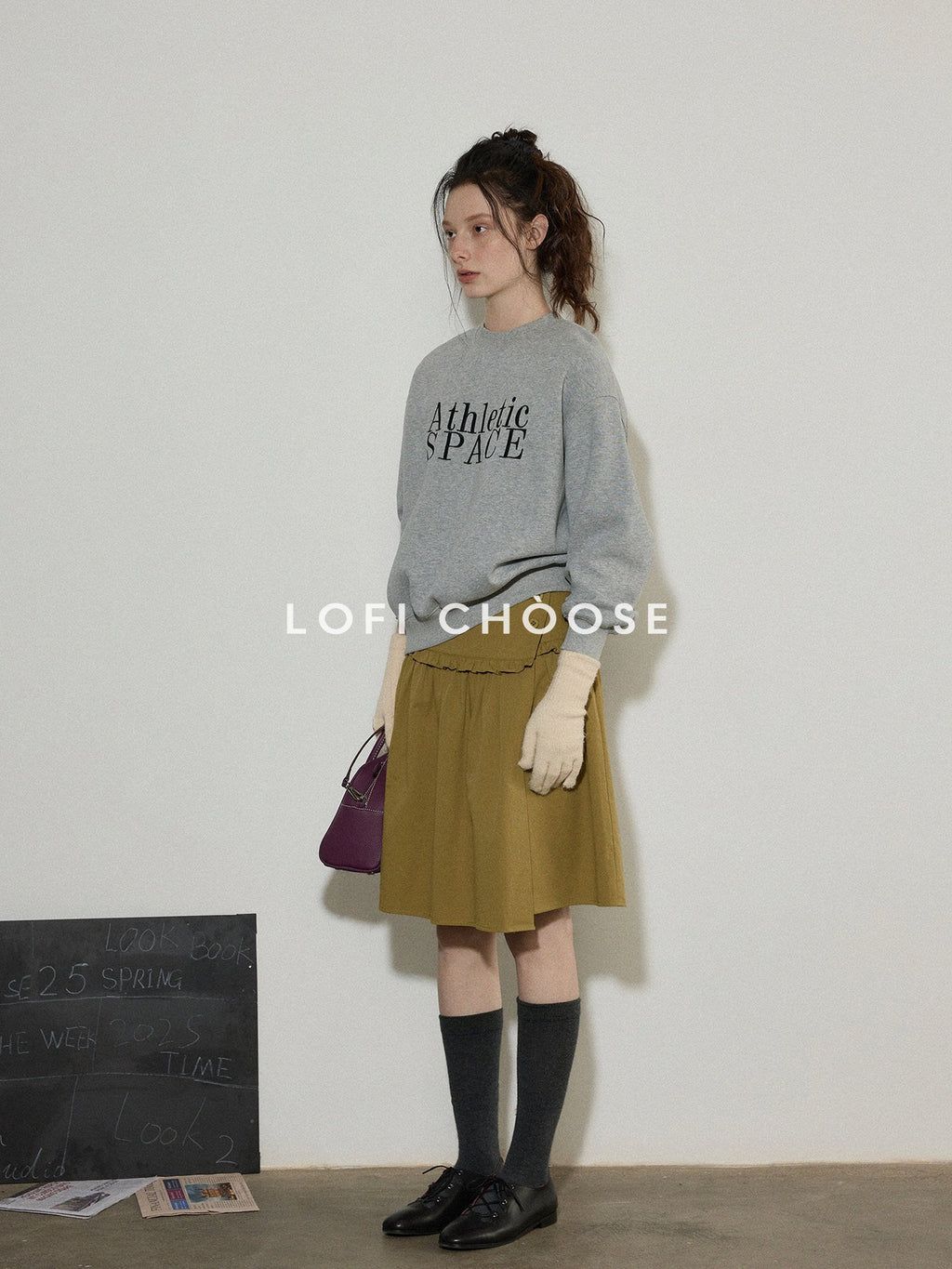 Lofi choose Embroidered Colorblock Loose Drop Shoulder Crewneck Female Cotton Sweatshirt