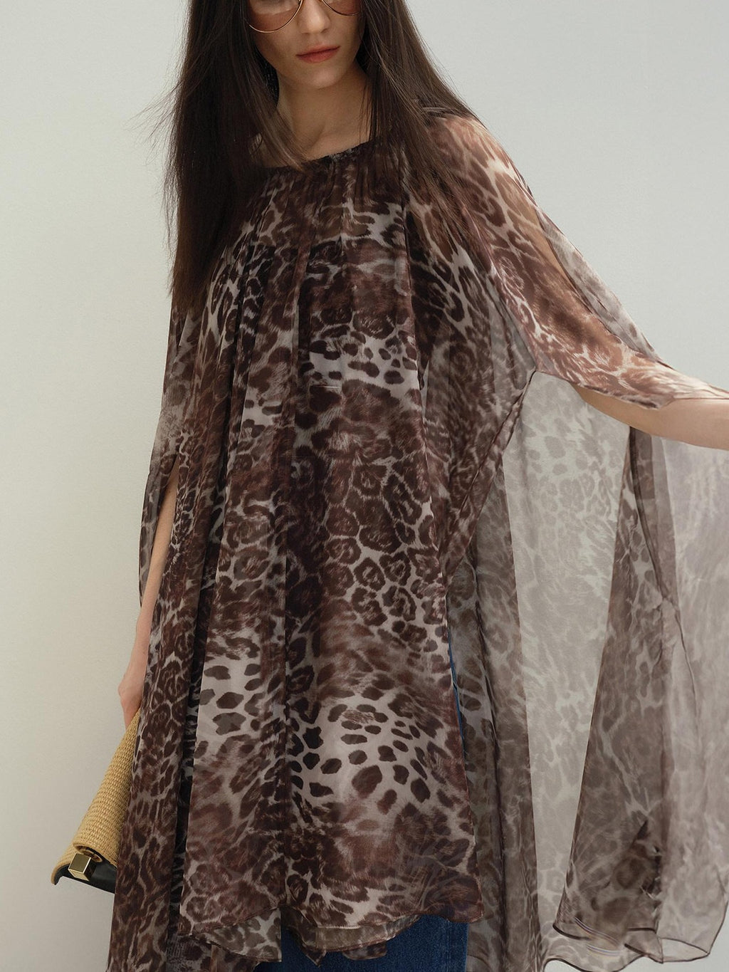 audreyyang Soft Leopard Mesh Off Shoulder A Line Loose Waist Casual Women Midi Dresses