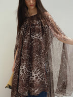 audreyyang Soft Leopard Mesh Off Shoulder A Line Loose Waist Casual Women Midi Dresses