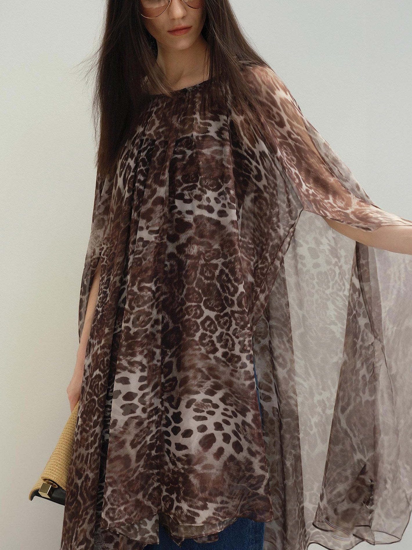 audreyyang Soft Leopard Mesh Off Shoulder A Line Loose Waist Casual Women Midi Dresses