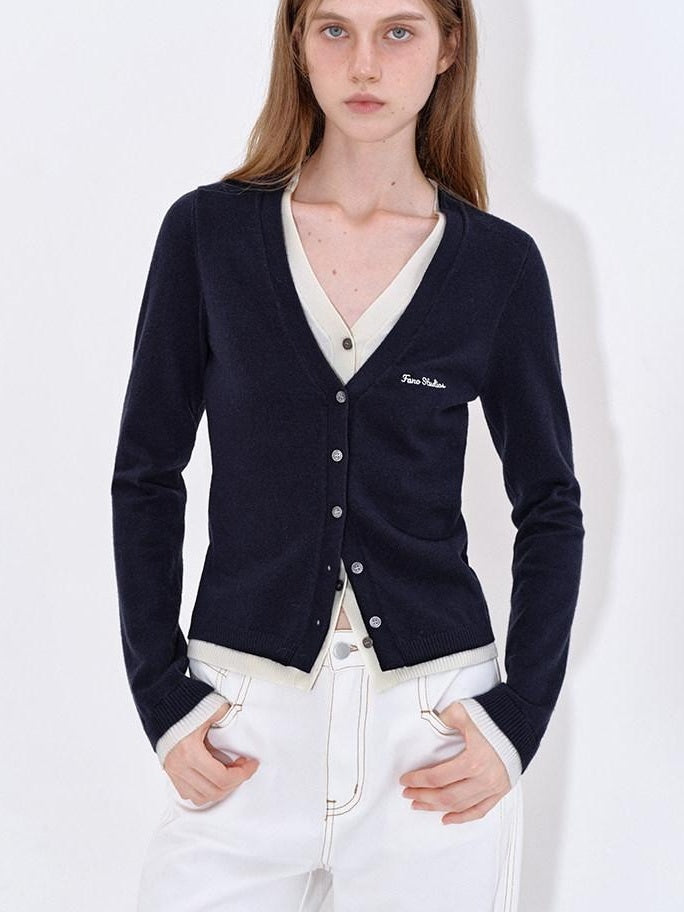 fano Embroidered Letter Slim V-neck Button For Teen Girls Navy Knit Cardigans