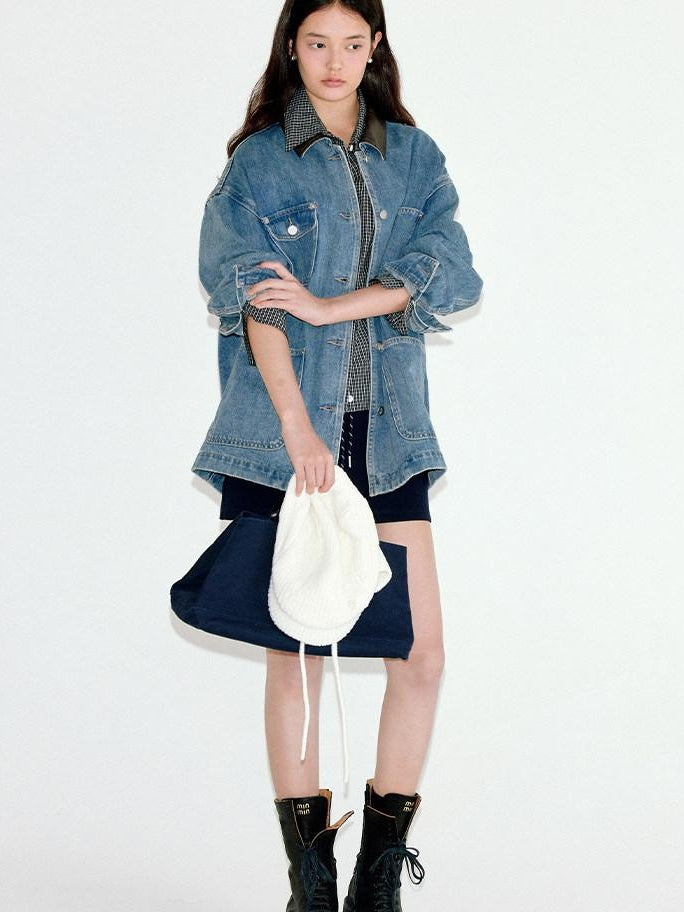 fano Patchwork Washed Blue Loose Fit Casual Cotton Women Button Front Denim Jackets