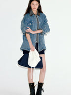 fano Patchwork Washed Blue Loose Fit Casual Cotton Women Button Front Denim Jackets