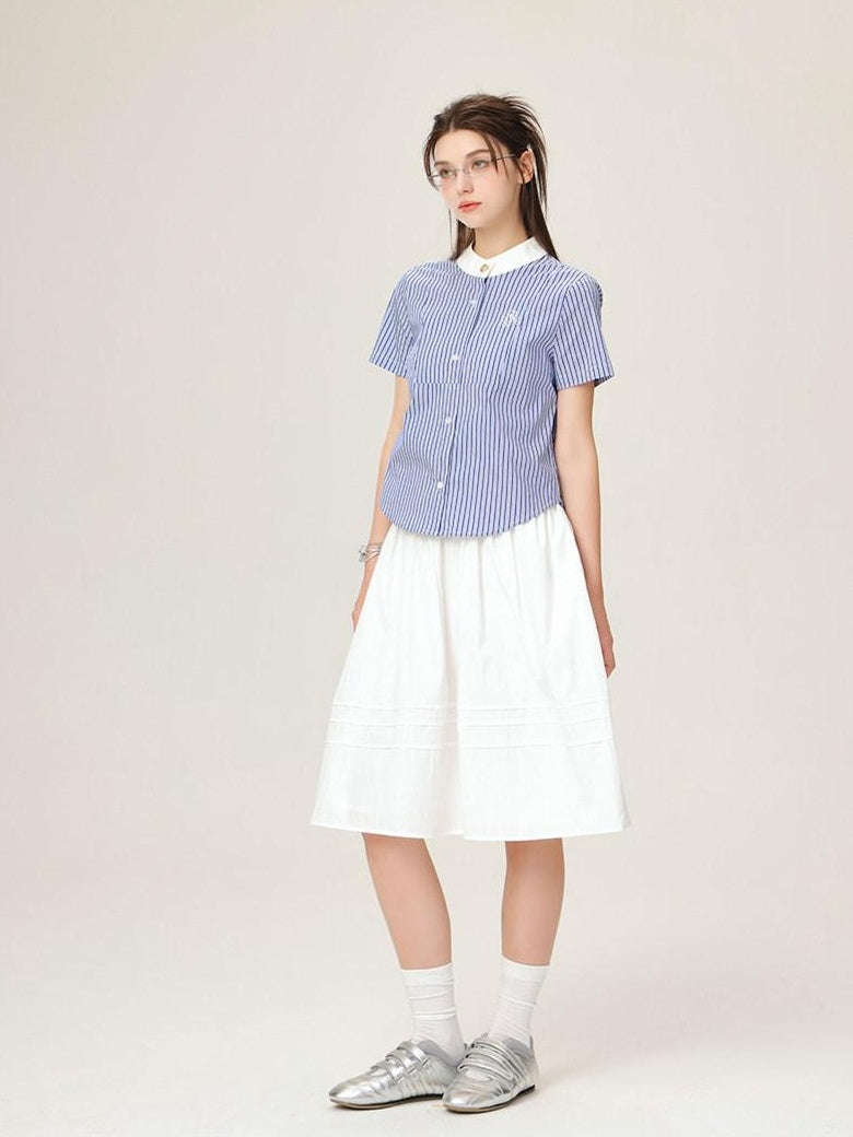 ikyou Embroidered Patchwork Straight Fit Stand Collar Short Sleeve Blue Button Blouses